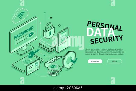 Personal data security - line design style isometric banner. Information protection and antivirus banner with copy space for text. Password entering, Stock Vector