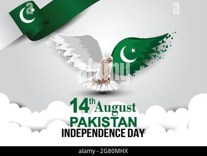 Celebrating Pakistan happy Independence Day. Abstract wings flag and pigeon on green background. vector illustration design Stock Vector