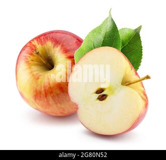 red apple with half of apple and green leaves isolated on a white background. Stock Photo