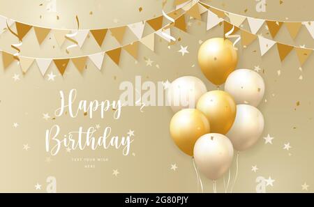 Elegant yellow golden ballon and ribbon flag Happy Birthday celebration card banner template background Stock Vector