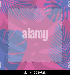 pink and blue summer background with tropical leaves, greeting card template, vector illustration Stock Vector