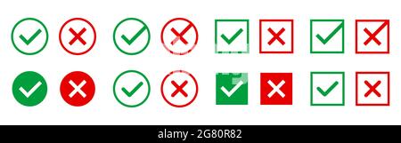 Approved and rejected icons. Green and red symbols on white background. Right and wrong marks for web design or app. Vector illustration. Stock Vector