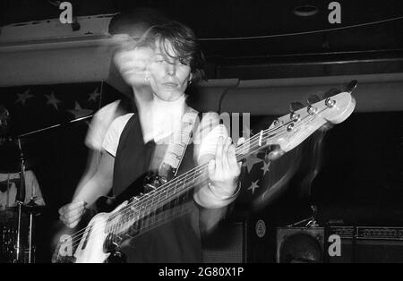 Bass guitarist Katrina Slack of the Renees playing at West Hampstead Moonlight Club, 24/10/90. She now lives in Cornwall  and works as a 3D artist. Stock Photo