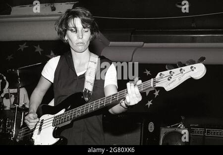 Bass guitarist Katrina Slack of the Renees playing at West Hampstead Moonlight Club, 24/10/90. She now lives in Cornwall  and works as a 3D artist. Stock Photo