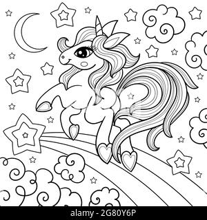 Unicorn with a long tail on a rainbow. Linear black and white drawing. Vector Stock Vector