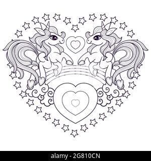 Two cute unicorns with hearts and stars. Black and white linear drawing. Vector Stock Vector