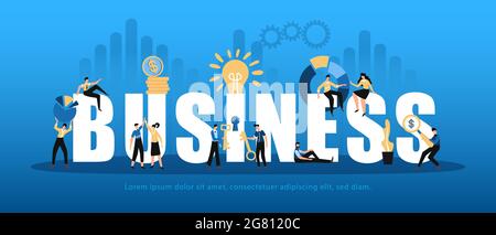 Business analytics horizontal white lettering decorated with people sharing innovative profitable ideas analyzing data background vector illustration Stock Vector