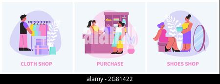 Shop set with three isolated compositions of editable text and shopping people with clothes and shoes vector illustration Stock Vector