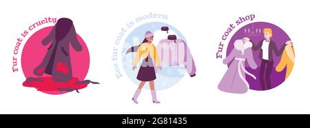 Fur coat composition set with modern eco coat symbols flat isolated vector illustration Stock Vector
