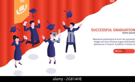 Isometric graduation diploma horizontal banner with group of happy students with red curtain and editable text vector illustration Stock Vector