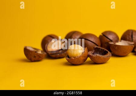 delicious macadamia nuts on a yellow background. Stock Photo