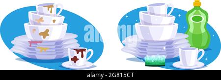 Dirty and clean dishes set with plate cup and soap flat isolated vector illustration Stock Vector