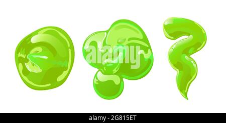 Green slime in lat cartoon style set. Toxic jelly splashes, drops or stains. Vector design for Halloween. Stock Vector