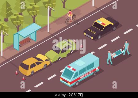 Accident crash isometric composition with outdoor scenery and damaged cars with ambulance police and people characters vector illustration Stock Vector