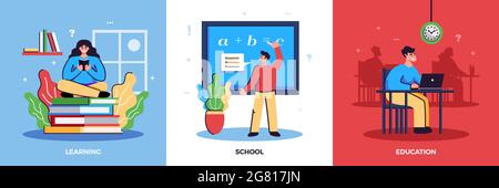 Back to school 3 flat colorful compositions with learning on book pile in yoga pose vector illustration Stock Vector