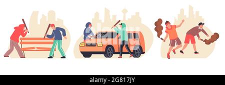 Hooliganism set of three flat compositions with characters of vermins breaking cars benches burning smoke flares vector illustration Stock Vector