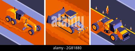 Isometric road construction design concept with square compositions of road machinery on different motorway constructing stages vector illustration Stock Vector