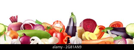 Realistic vegetables border composition with images of mixed ripe whole fruits and slices on blank background vector illustration Stock Vector