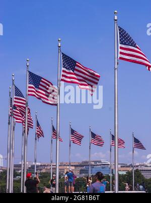 American Flags Wave in the Wind Below the Washington Monument Stock Photo