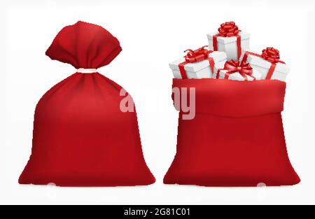 Red sack with christmas gifts realistic composition santa bags filled with gift boxes on blank background vector illustration Stock Vector