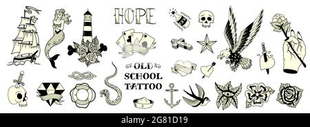 Old school tattoo black white elements set with eagle mermaid rose anchor sailboat skull isolated vector illustration Stock Vector