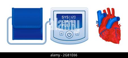 Electronic blood pressure monitor with measuring results realistic digital tonometer human heart red blue model vector illustration Stock Vector