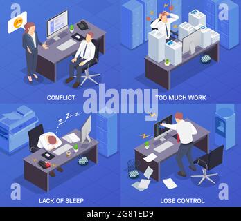 Squares problem situations at work isometric icon set with conflict too much work lack of sleep and lose control descriptions vector illustration Stock Vector