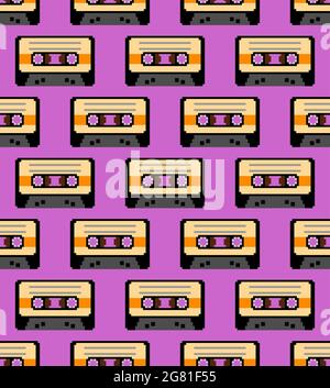 Retro cassette pixel art pattern. Boombox cassette 8 bit background Stock Vector