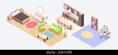 Four furniture production isometric icon set with felling materials ...