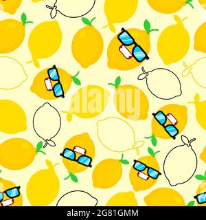 Lemon with glasses pattern seamless. Fruit cool background Stock Vector
