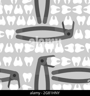 Teeth forceps and teeth pattern seamless. Dentist tool for pulling tooth background Stock Vector