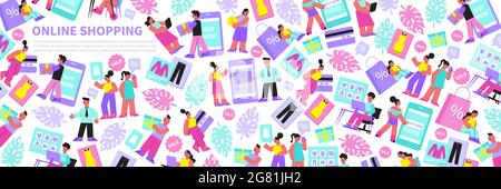 Online shopping seamless pattern with people ordering goods by gadgets and smartphone app flat vector illustration Stock Vector