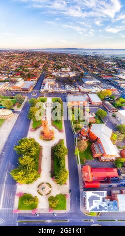 Machattie Park in Bathurst city downtown - vertical aerial panorama. Stock Photo