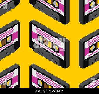 Retro cassette pixel art pattern. Boombox cassette 8 bit background Stock Vector