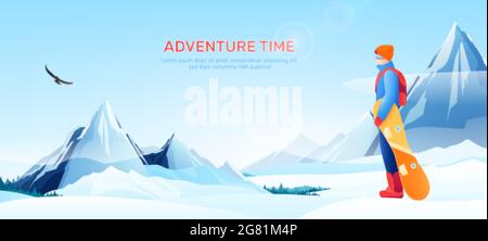 Winter ski resort poster with adventure time symbols flat vector illustration Stock Vector