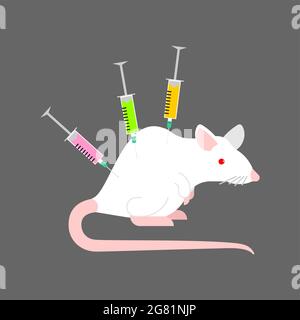 White laboratory mouse and syringe. Laboratory research Stock Vector
