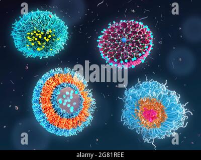 Polymeric nanoparticles for drug encapsulation, illustration Stock Photo