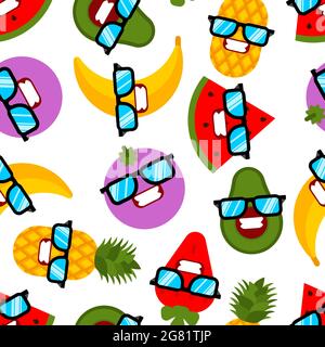 Fruits with glasses pattern seamless. Fruit cool background. Watermelon and banana. Mangosteen and strawberries. Pineapple and Avocado Stock Vector