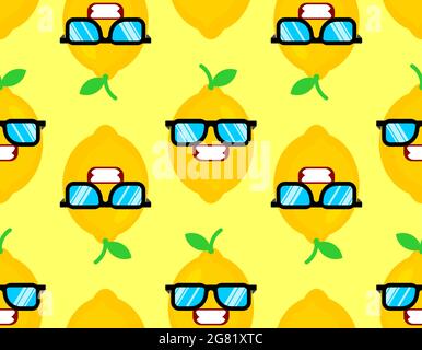 Lemon with glasses pattern seamless. Fruit cool background Stock Vector