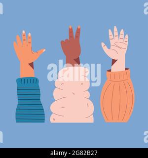 three interracial left hands up icons Stock Vector