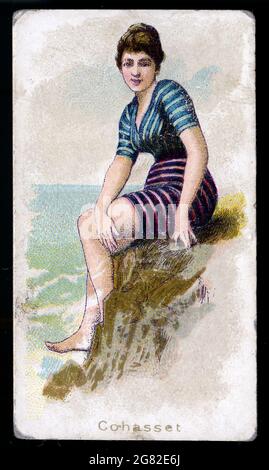 Card inserted in pack of cigarettes featuring illustration of a bathing beauty from a series titled Fancy Bathers from tobacco manufacturer Kimball in the early 1900s. Stock Photo