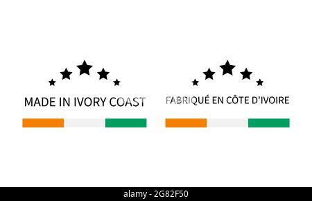 Made in Ivory Coast labels in English and in French languages. Quality mark vector icon. Perfect for logo design, tags, badges, stickers, emblem, prod Stock Vector