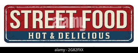 Street food vintage rusty metal sign on a white background, vector illustration Stock Vector