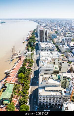 Aerial drone view of Guayaquil City in Ecuador. A look over downtown Guayaquil where all the tall buildings and offices are located. Stock Photo