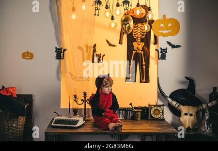 Halloween decoration and scary concept. Horror faces. Happy Halloween Weekends. Magic pumpkin. Children play with pumpkins and treat. 31 october Stock Photo