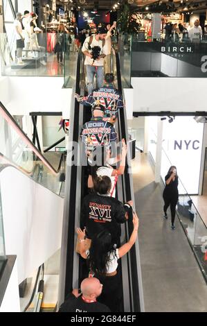 New York, USA. 16th July, 2021. Musical artists Tainy (Marco Masís) and Yandel (Llandel Veguilla Malavé) arrive at a press conference to promote the new album 'DYNASTY', wearing special basketball themed jackets, held at the PUMA Store, in New York City.In honor of their 16-year career span throughout the evolution and globalization of Reggaeton, multi-award-winning artists Tainy and Yandel release their anticipated collaboration album DYNASTY. The innovative producer, Tainy, and leading singer, Yandel, have worked alongside each other since Tainy was the tender age of 16 - joining forces for  Stock Photo