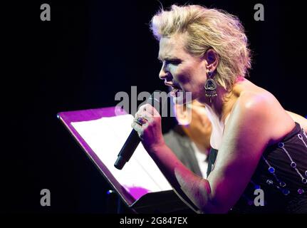Malaga, Spain. 16th July, 2021. Spanish lyrical singer Ainhoa Arteta performs live on the stage during the 'Terral' festival 2021 at Cervantes Theatre. Between 5 to 31 July, Cervantes Theatre welcomes the summer music festival 'Terral', with concerts and shows performed by renowned artists as Noa, Ainhoa Arteta, or Salvador Sobral among others. All concerts will perform under safety measures and capacity limited as a precaution against Covid19. Credit: SOPA Images Limited/Alamy Live News Stock Photo