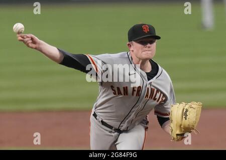 St. Louis, USA. 16th July, 2021. San Francisco Giants starting pitcher Logan Webb delivers a pitch to the St. Louis Cardinals in the third inning at Busch Stadium in St. Louis on Friday, July 16, 2021. Photo by Bill Greenblatt/UPI Credit: UPI/Alamy Live News Stock Photo