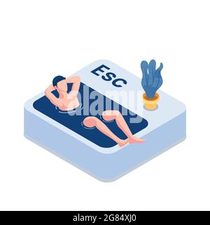 Flat 3d Isometric Businessman Relaxing in The Esc Escape Button Pool. Vacation and Annual Leave Concept. Stock Vector