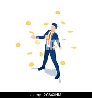 Flat 3d Isometric Busienssman Under The Rain of Golden Money Coin. Cash Flow and Business Success Concept. Stock Vector